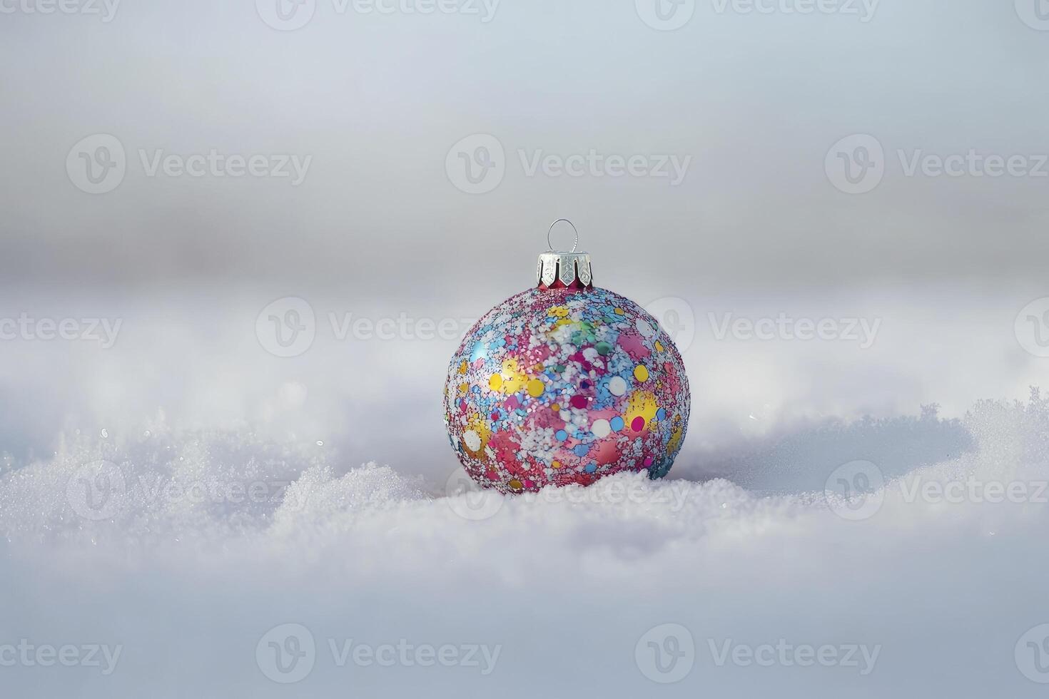 Colorful Christmas Ornament Laying on Fresh Snow in Winter Scenery photo