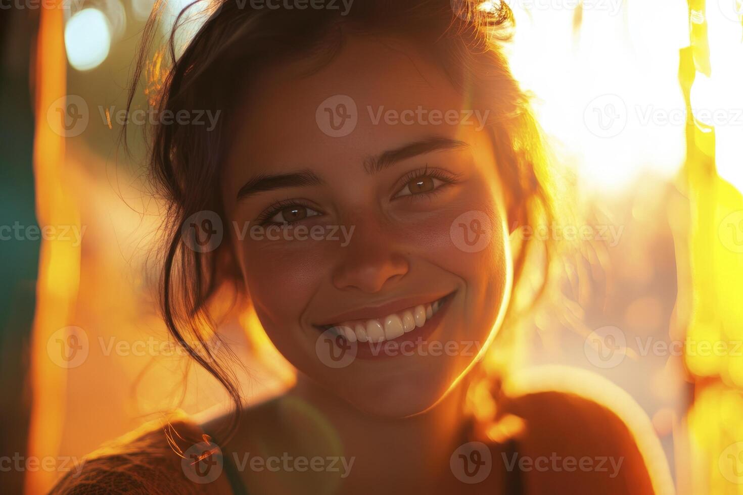 Smiling Woman Portrait Bathed in Warm Light with a Sunlit Bokeh photo