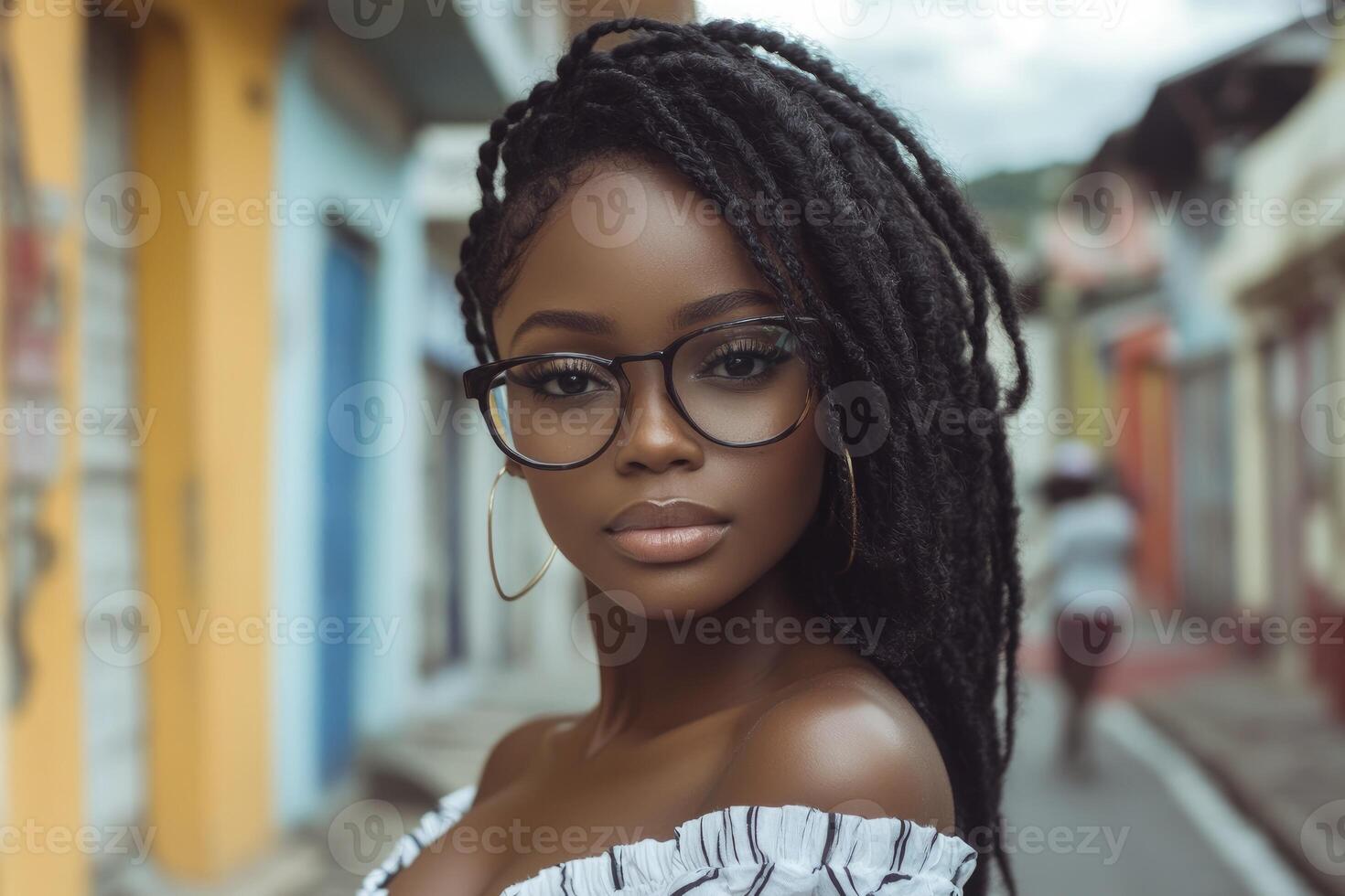 Portrait of Elegant Woman with Glasses and Braids in Colorful City photo