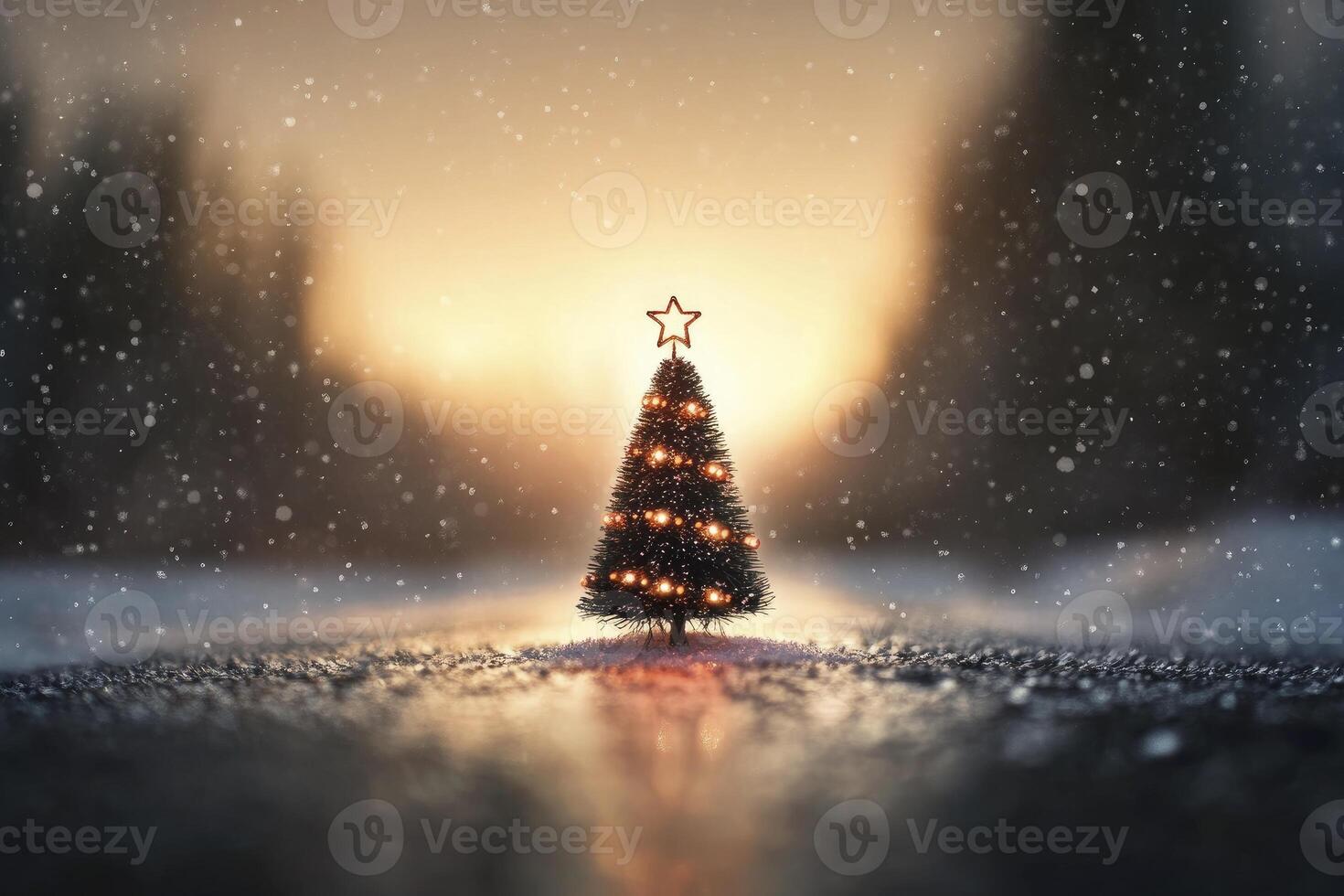 Decorated Christmas Tree with Star Topper Standing in Winter Snowfall photo