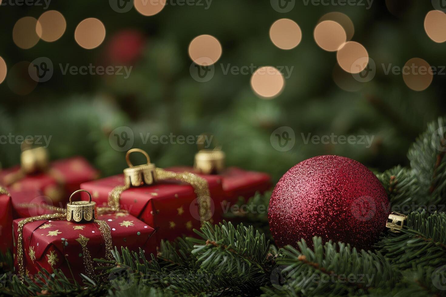 Christmas Presents and Ornament on Evergreen Boughs with Bokeh Lights photo