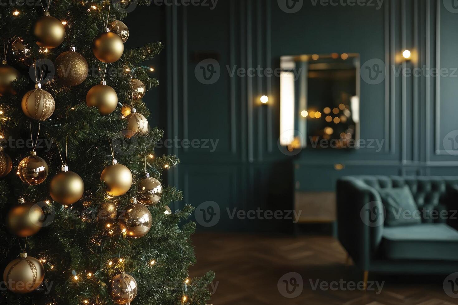 Decorated Christmas Tree in Elegant Room Setting with Green Couch photo