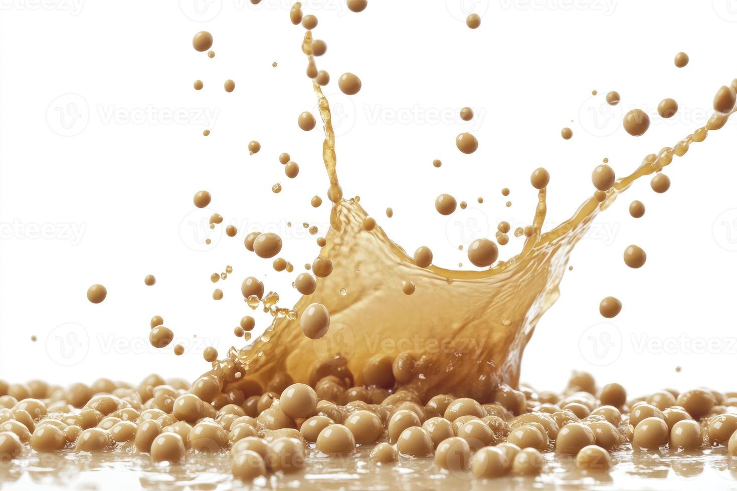 Creating Splash with Brown Liquid and Small Balls on White Background photo