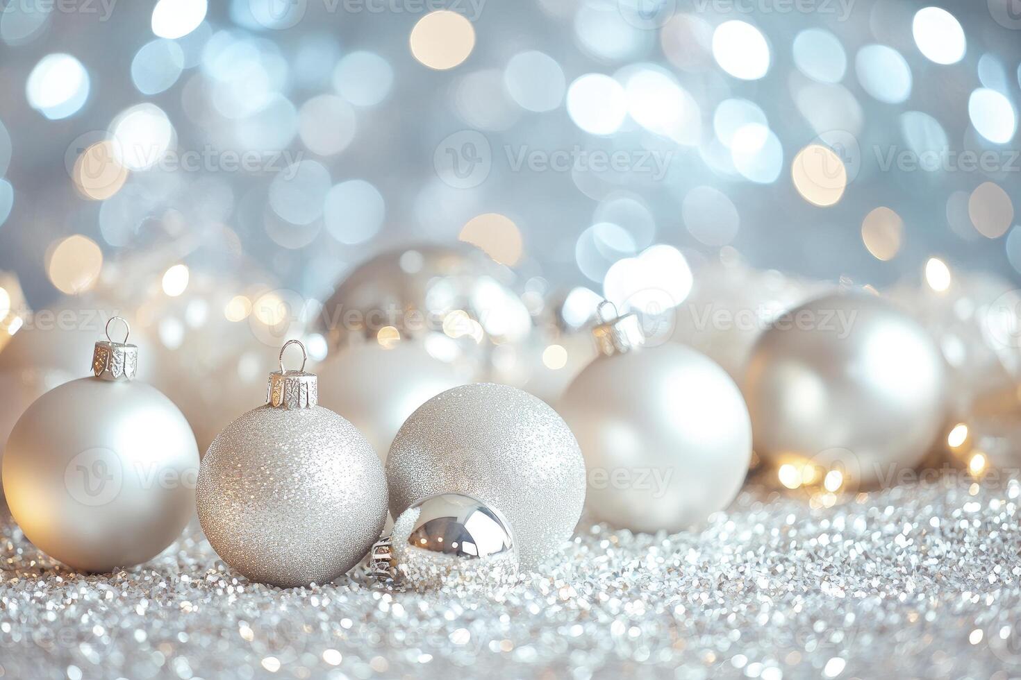 Silver Christmas Ornaments and Glittering Lights Background for Festive Holiday photo