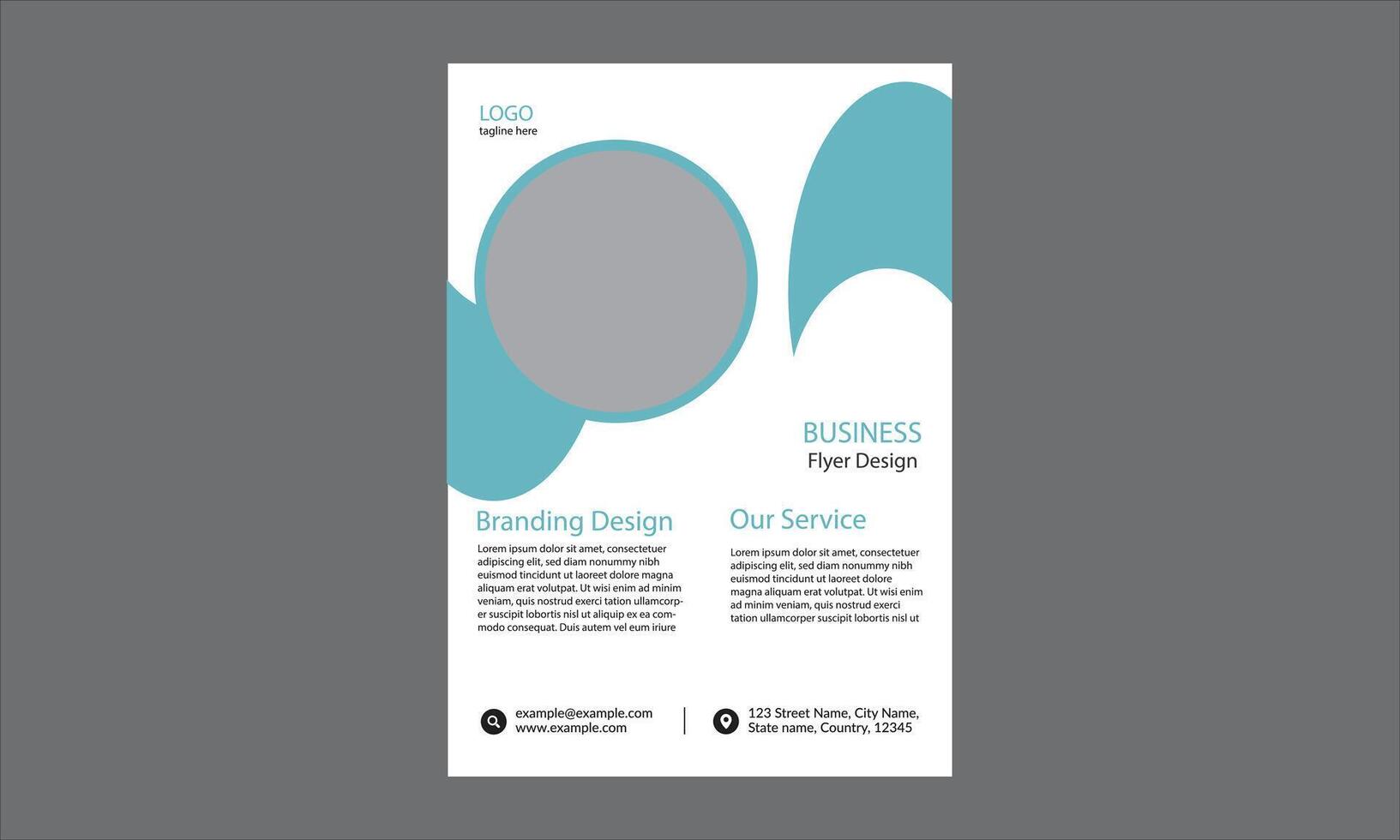 This is a business flyer design with a modern and clean layout, using teal, gray, black, and white colors. vector
