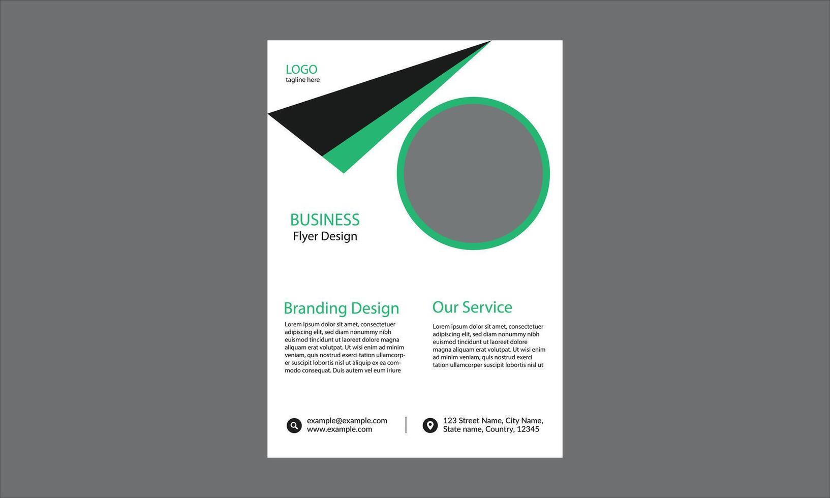 a modern business flyer design featuring a green, black, white, and gray color scheme. vector
