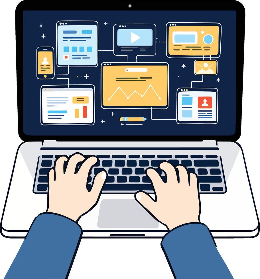 Hands Typing on Laptop with Multiple Webpage Designs vector