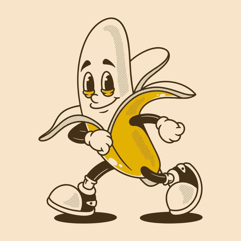 Retro banana mascot character in running pose with happy face vector
