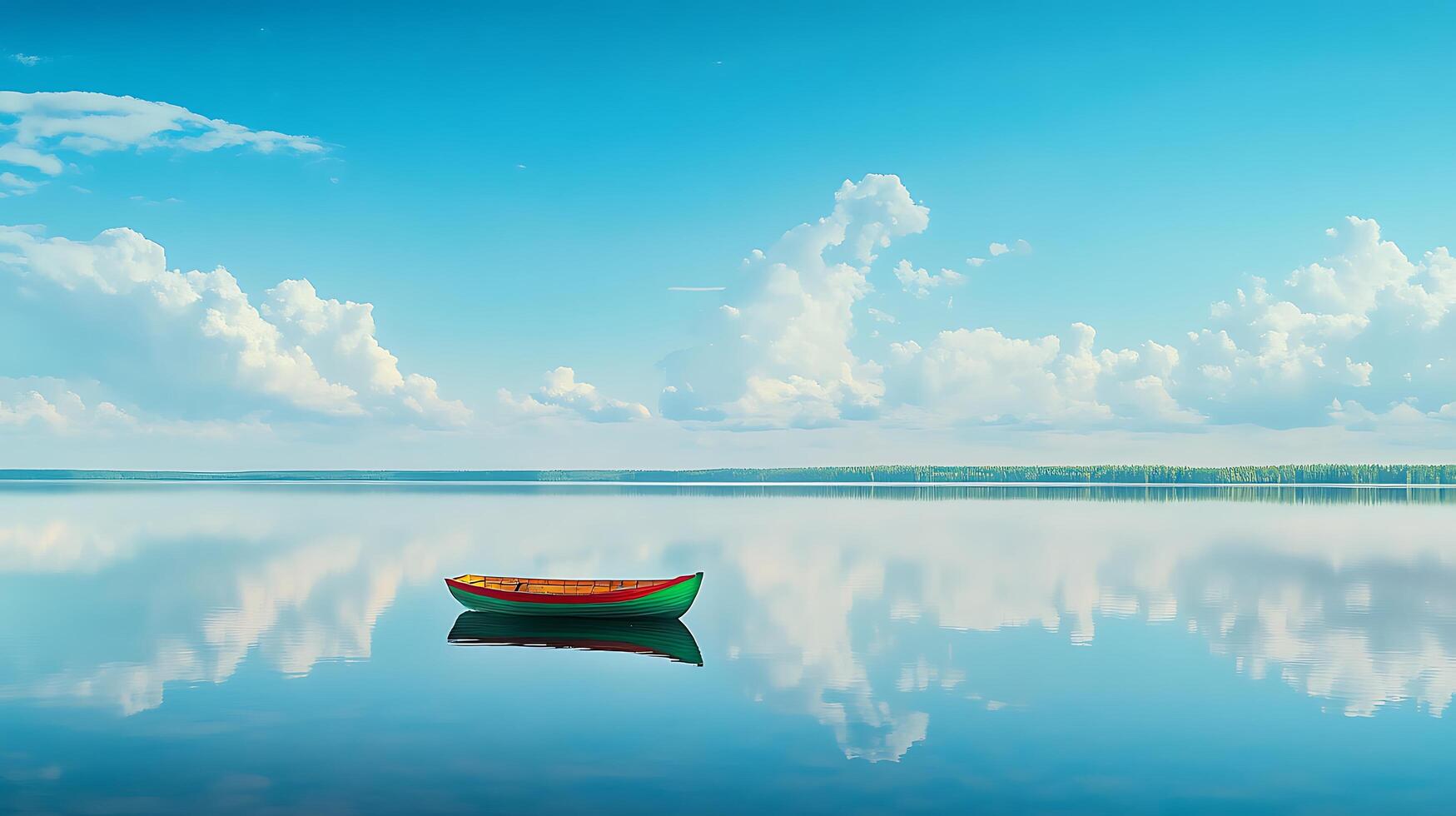 A boat floating on a calm lake with clouds in the sky photo