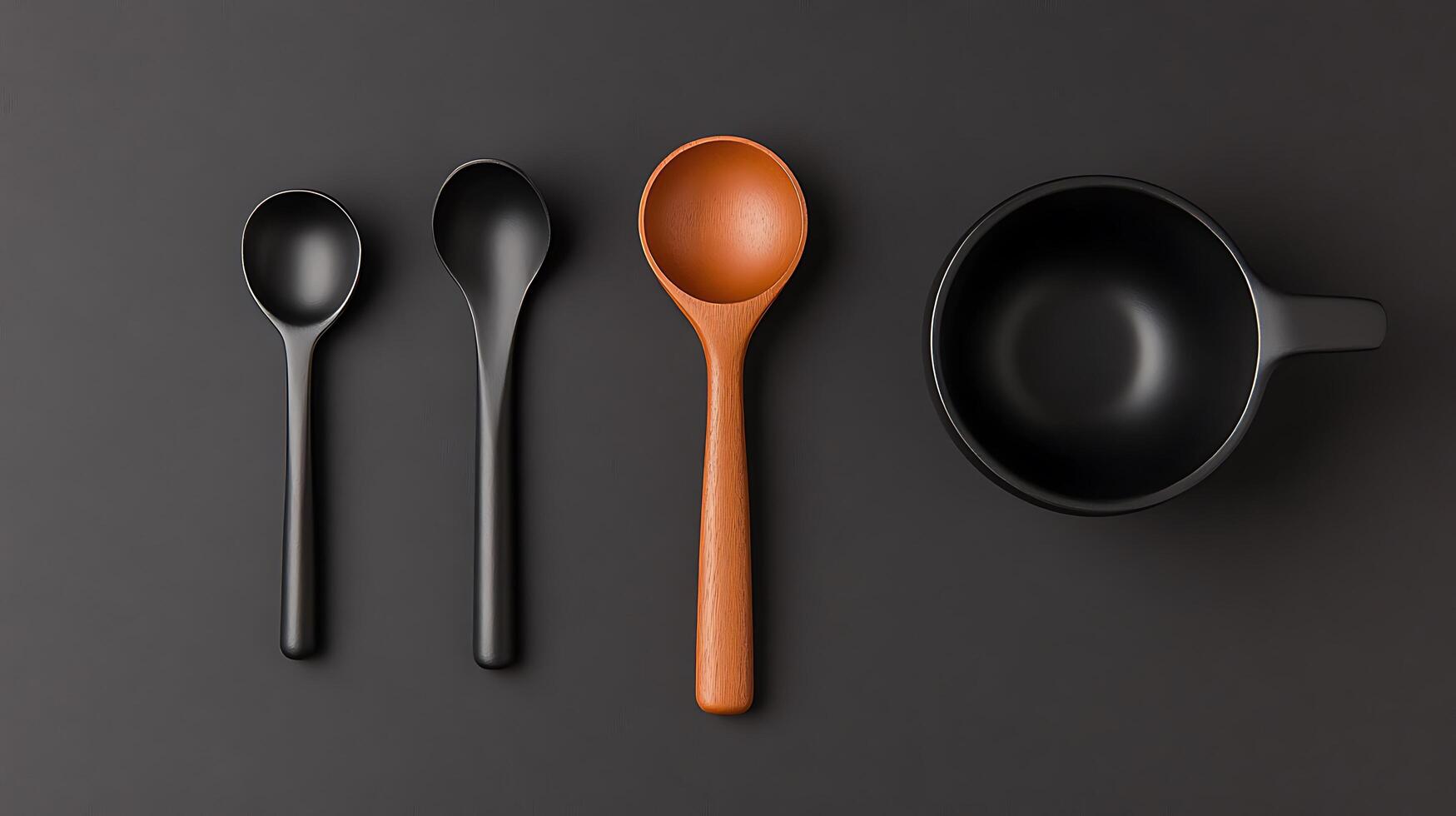 Three spoons and a bowl sit next to each other photo
