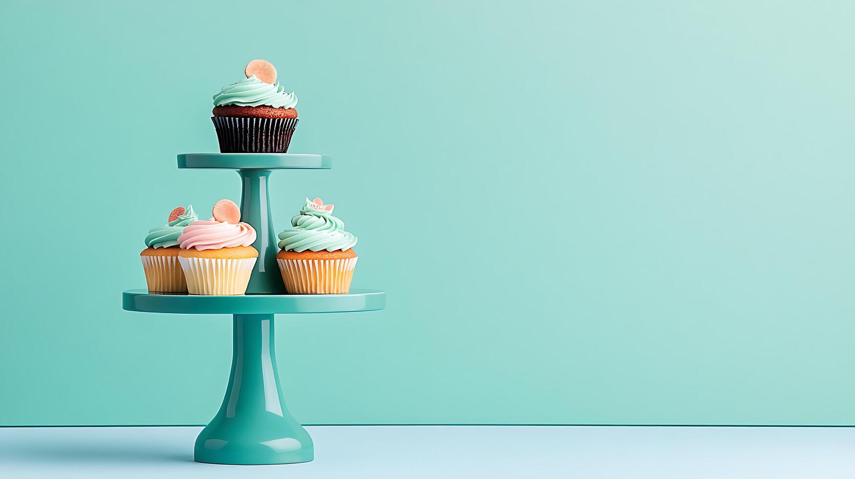 Three tiered cake stands with cupcakes on them photo