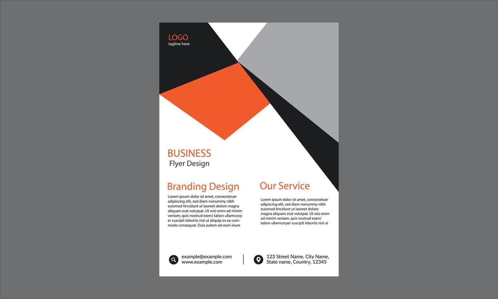 This business flyer features a modern, geometric, and professional layout with a bold color scheme of orange, black, white, and gray. vector