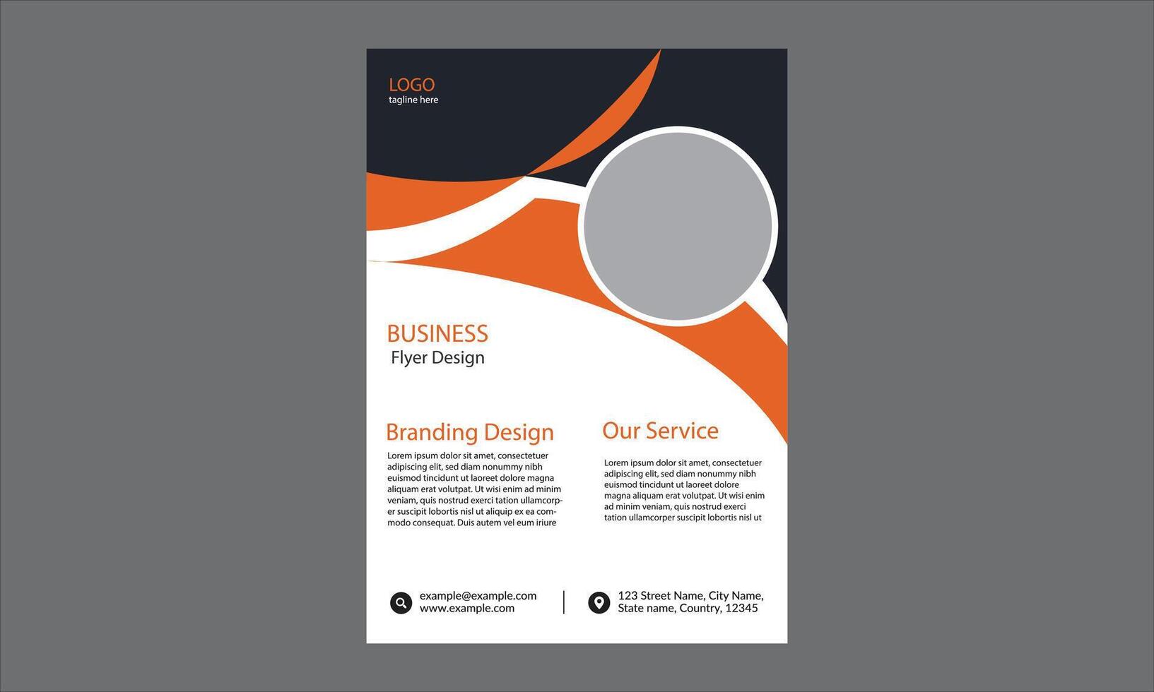 This modern and professional business flyer utilizes a bold color scheme of orange, black, white, and gray, combined with dynamic curved elements to create a visually engaging layout. vector