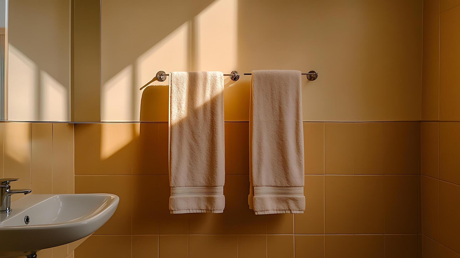 A bathroom with a sink and a towel rack photo