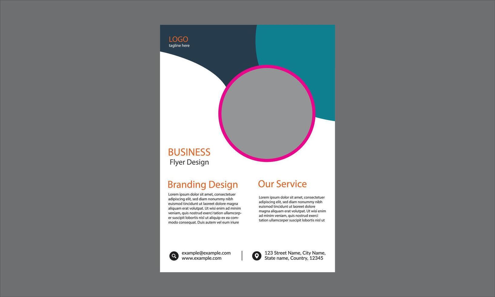 This business flyer design is modern, clean, and visually dynamic, incorporating a bold color palette of dark blue, teal, magenta, white, and orange. vector