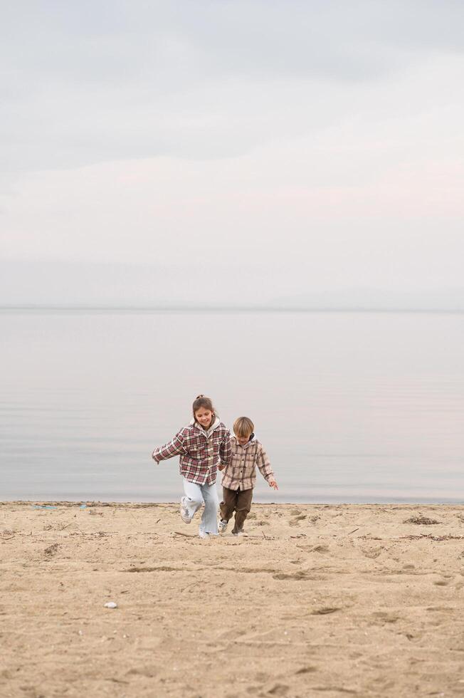 The siblings walk side by side on the beach, their checkered coats swaying in the ocean breeze. photo