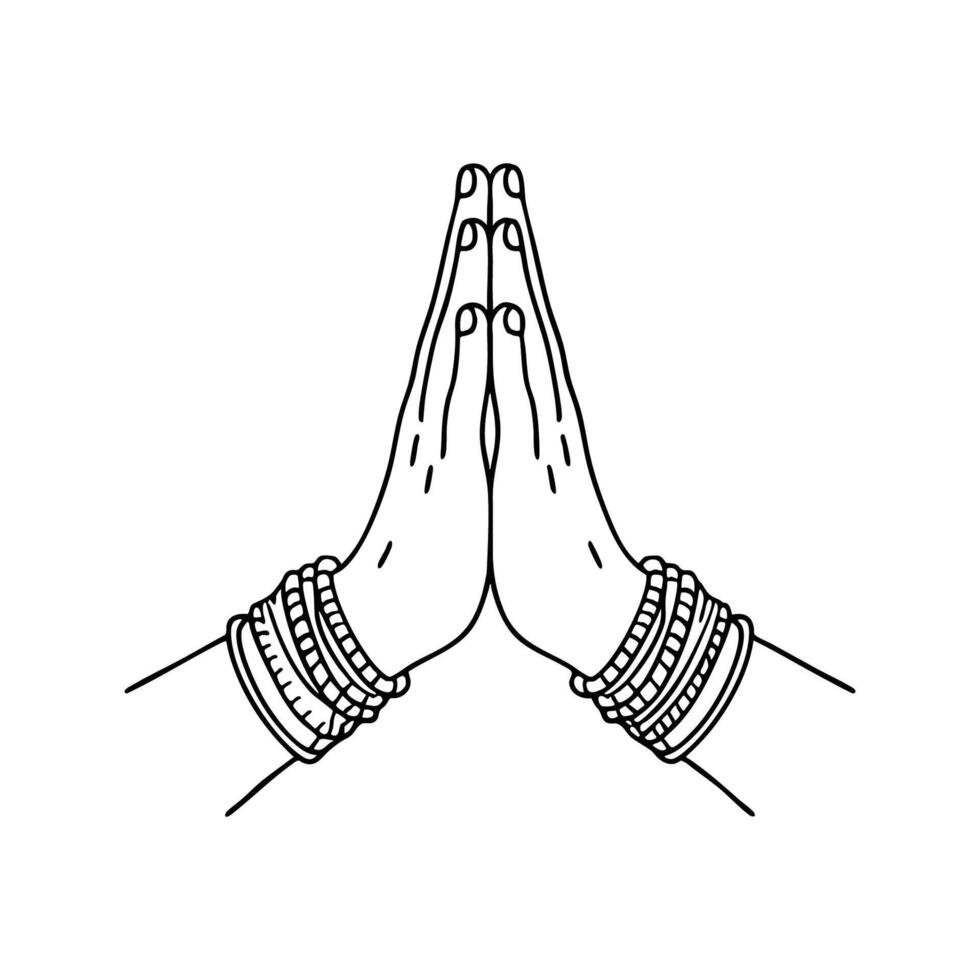Namaste gesture with wrists decorated with beaded bracelets vector