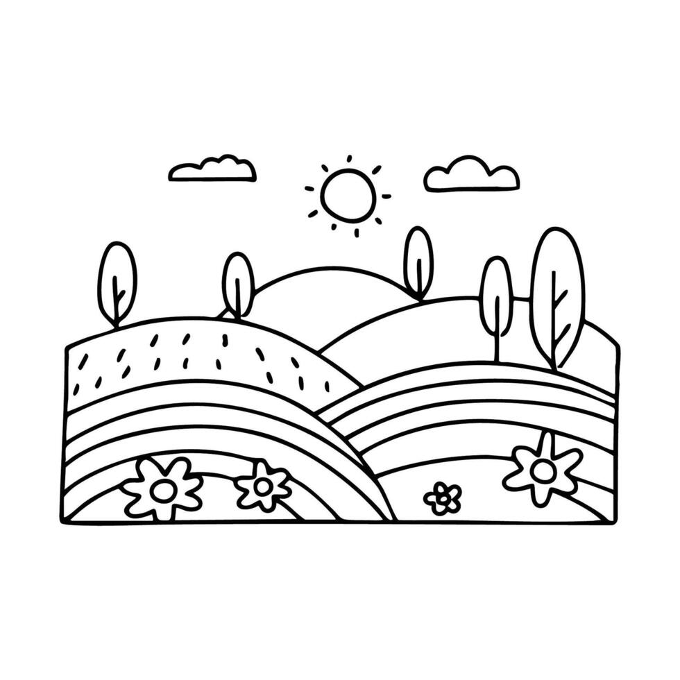Nature spreading across rolling hills with scattered wildflowers vector