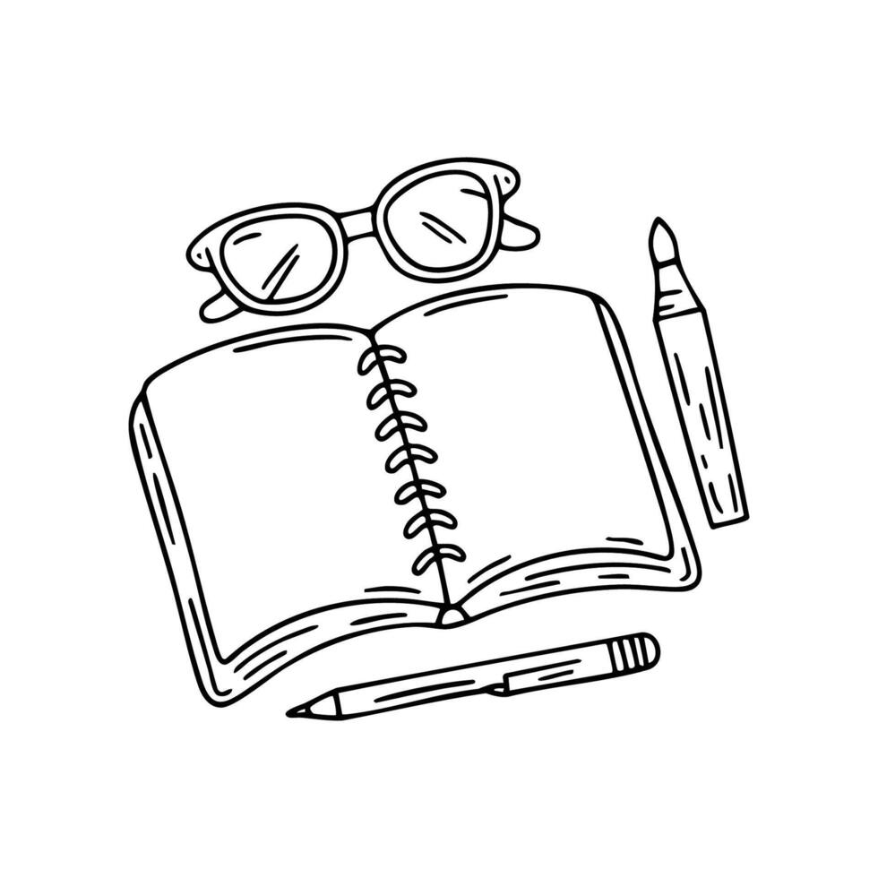 A notebook and glasses surrounded by stationery on a workspace vector
