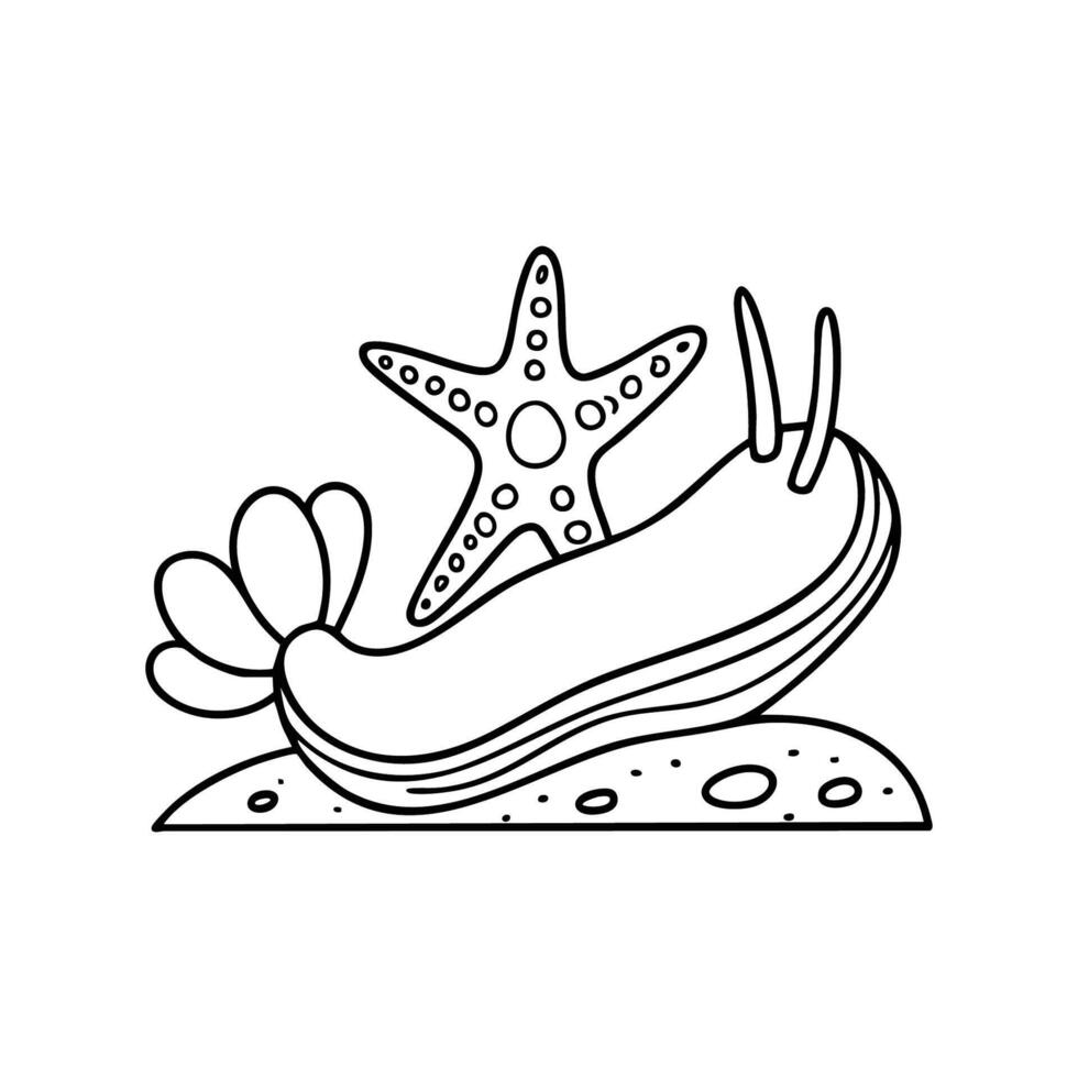 A nudibranch moving along the seabed near a starfish vector