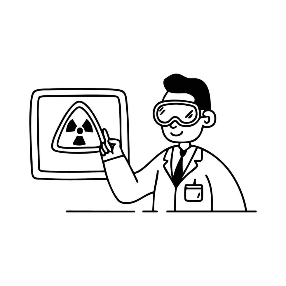 A researcher studying a nuclear hazard sign on a digital screen vector