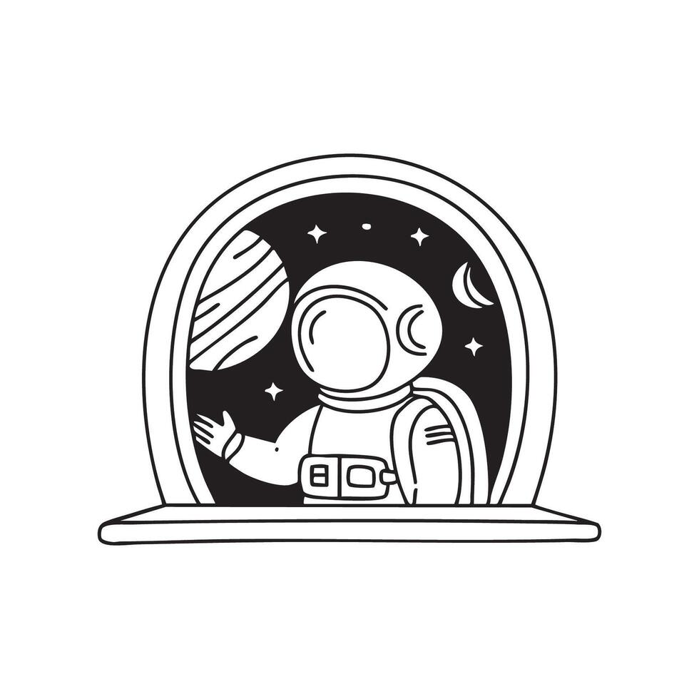 An astronaut observing Neptune through a spaceship window vector