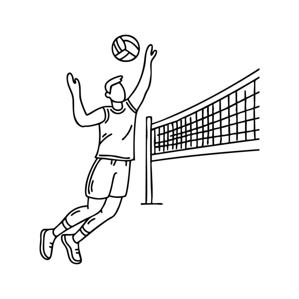 A volleyball player powerfully smashes the ball over the net vector