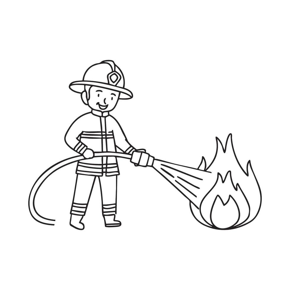 A firefighter aiming a hose nozzle to extinguish flames vector