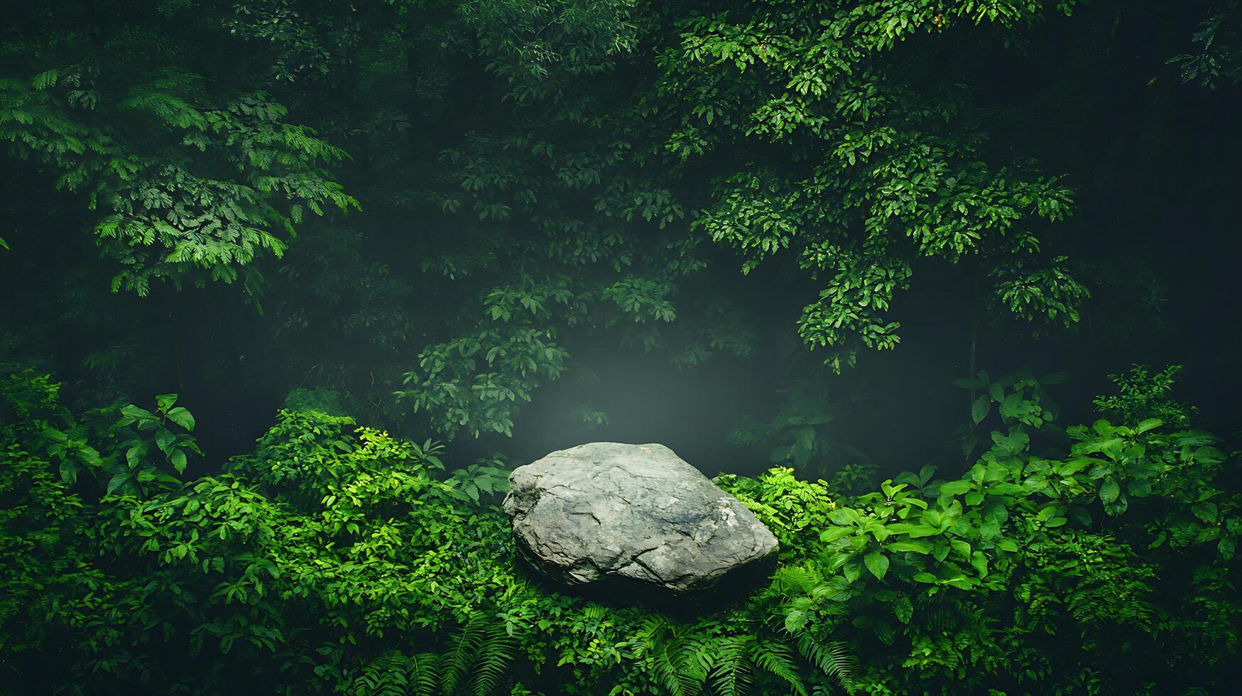 A rock in the middle of a green forest photo