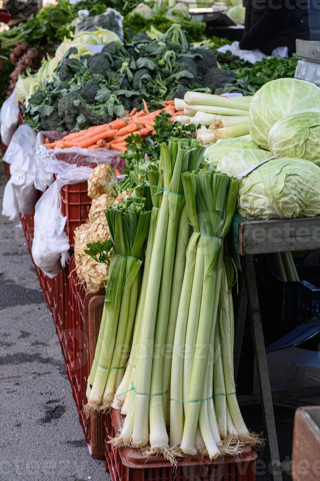 A farmer in a straw hat arranges organic produce, placing an oversized leek next to colorful peppers and crisp lettuce. photo