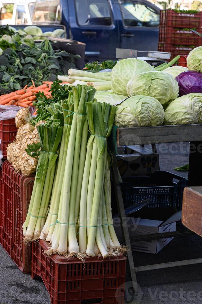 Sunlight filters through the market stalls, illuminating vibrant greens, ripe tomatoes, and an impressively large leek resting atop a pile of carrots. photo