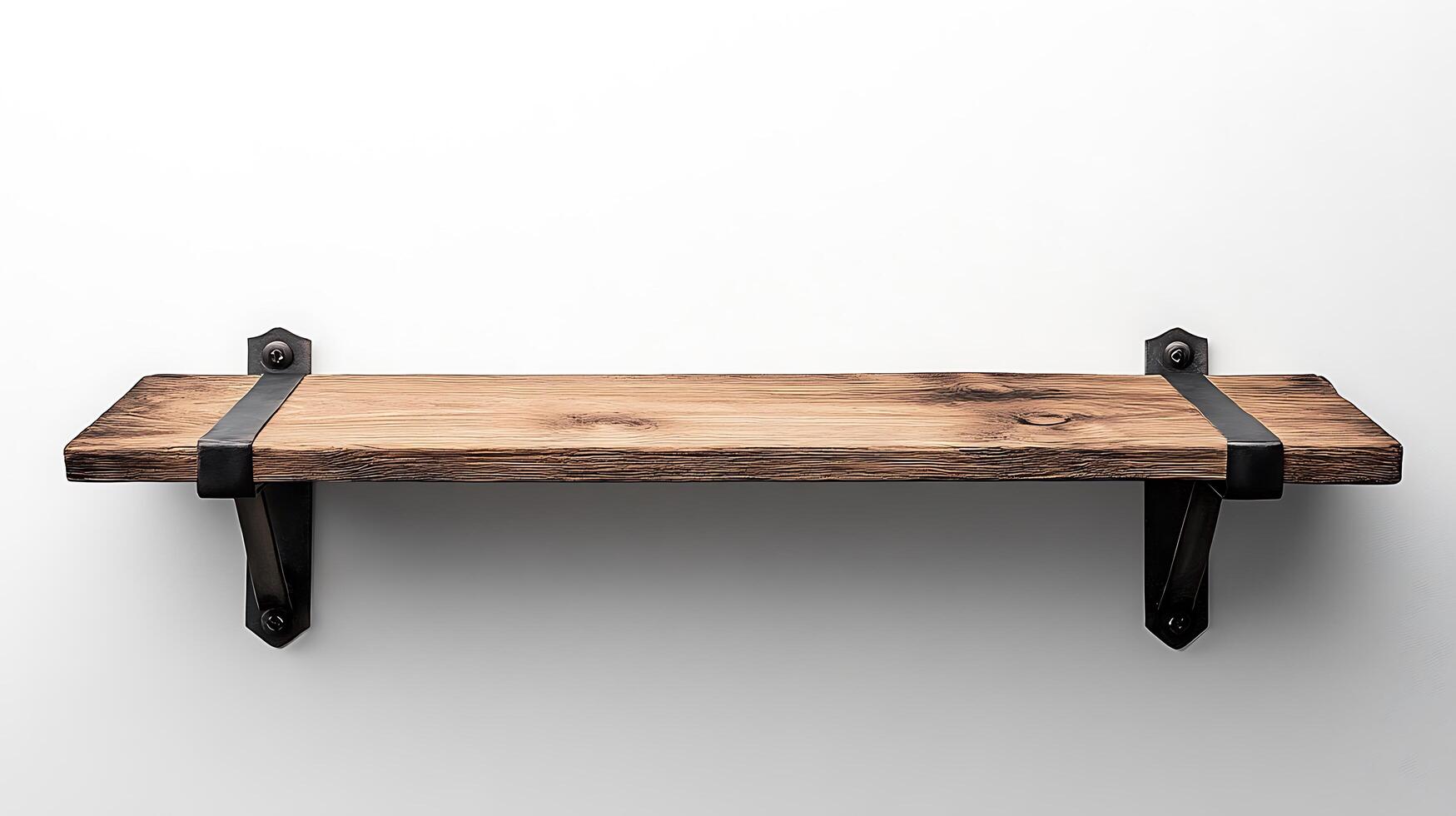 A wooden shelf with metal brackets on the side photo