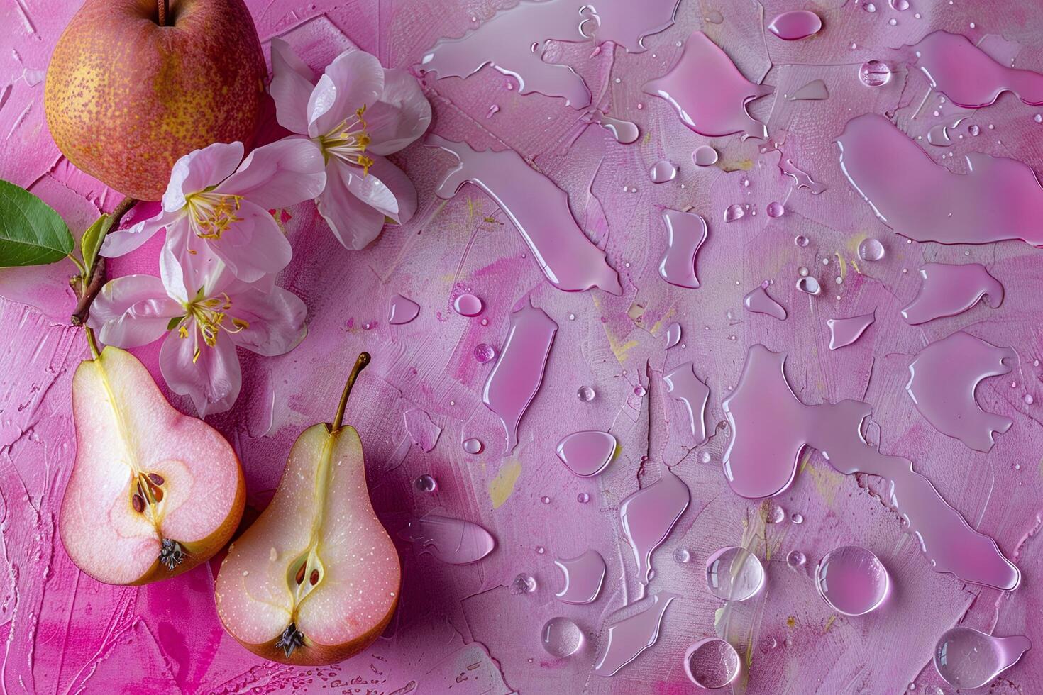 pear halves with water drop background pink texture good photo
