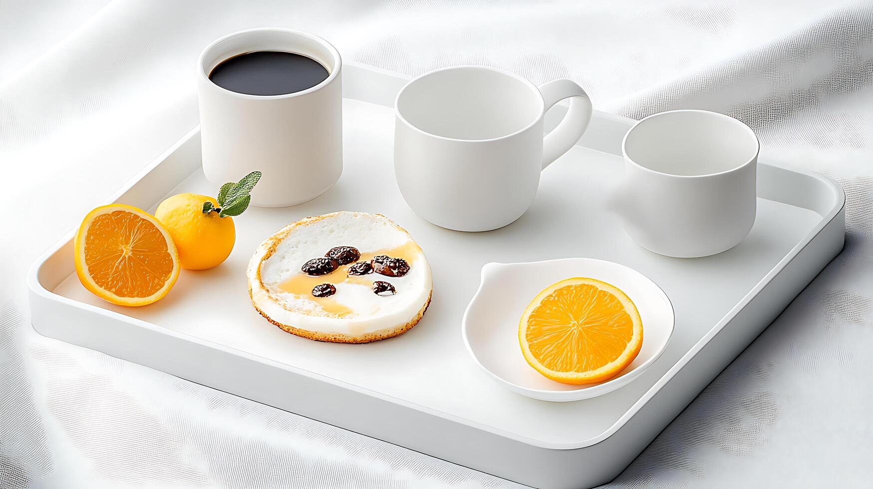 A tray with coffee cups, a muffin, and an orange photo