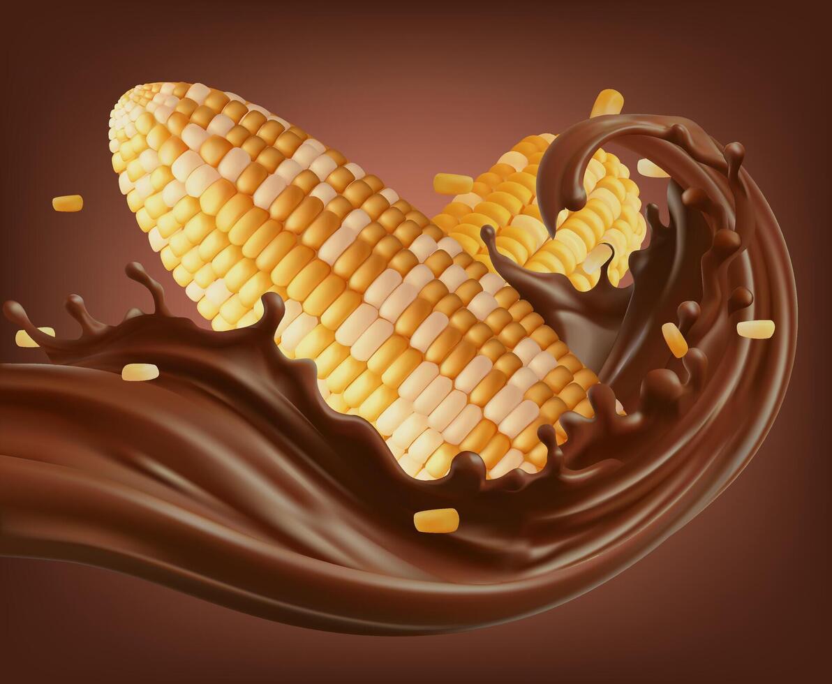 Corn falling into the Chocolate liquid splash vector
