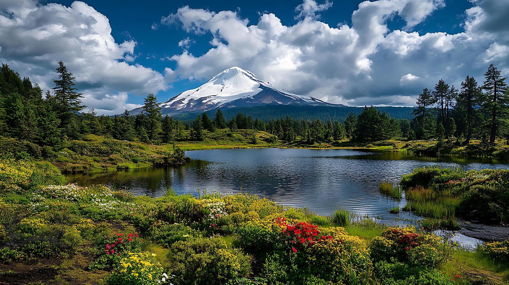 A mountain with a lake and flowers photo