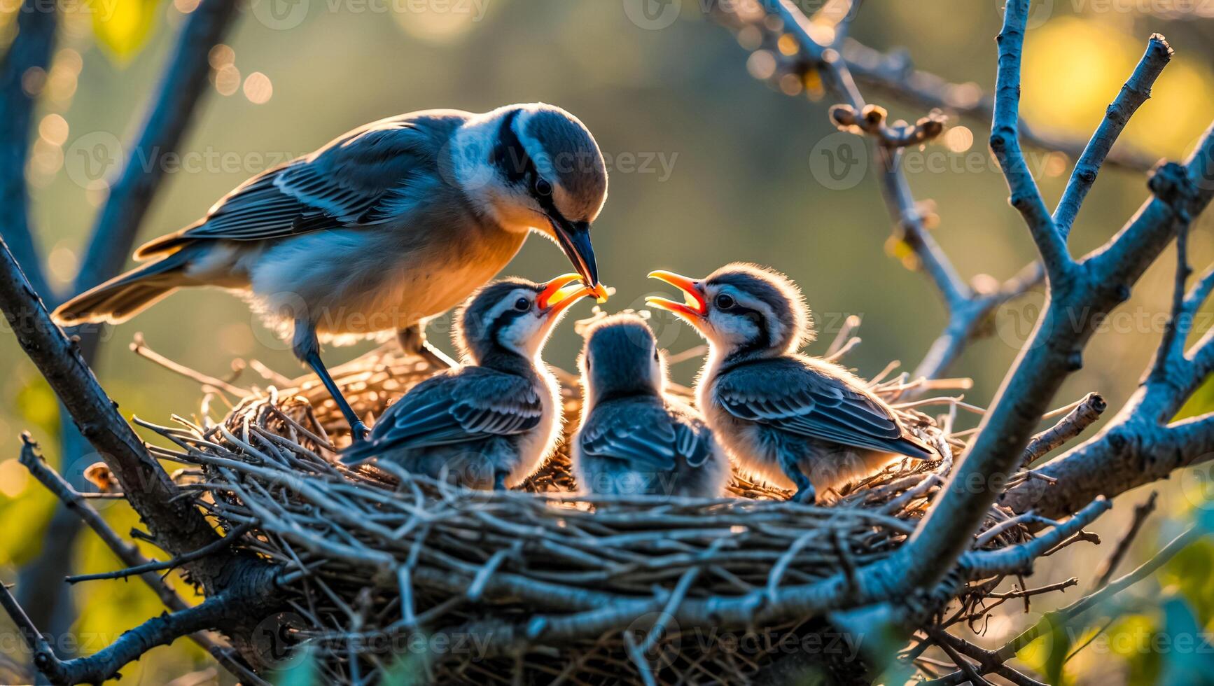 Bird feeding chicks in nest In the big forest photo
