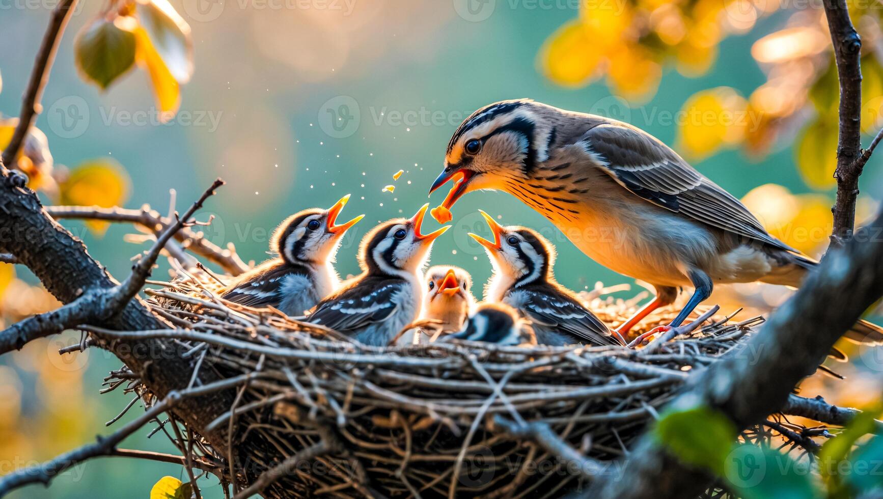 Bird feeding chicks in nest during golden hour In the forest photo
