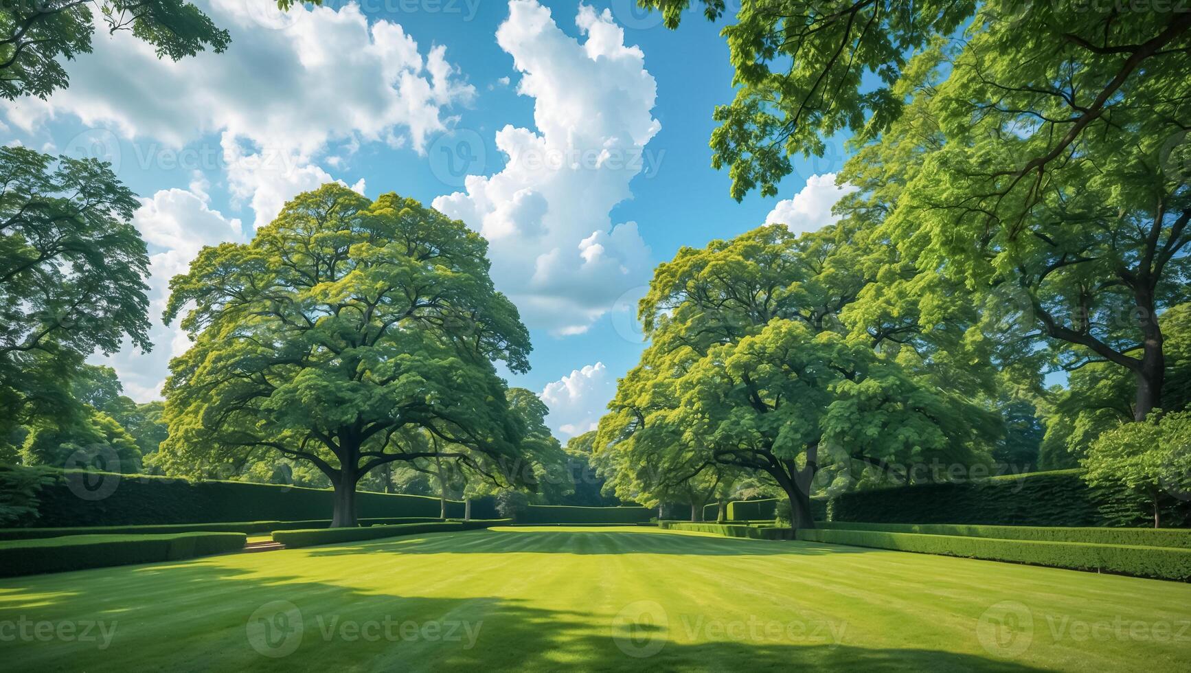 Lush green mowed lawn stretching under summer cloudscape in scenic park photo