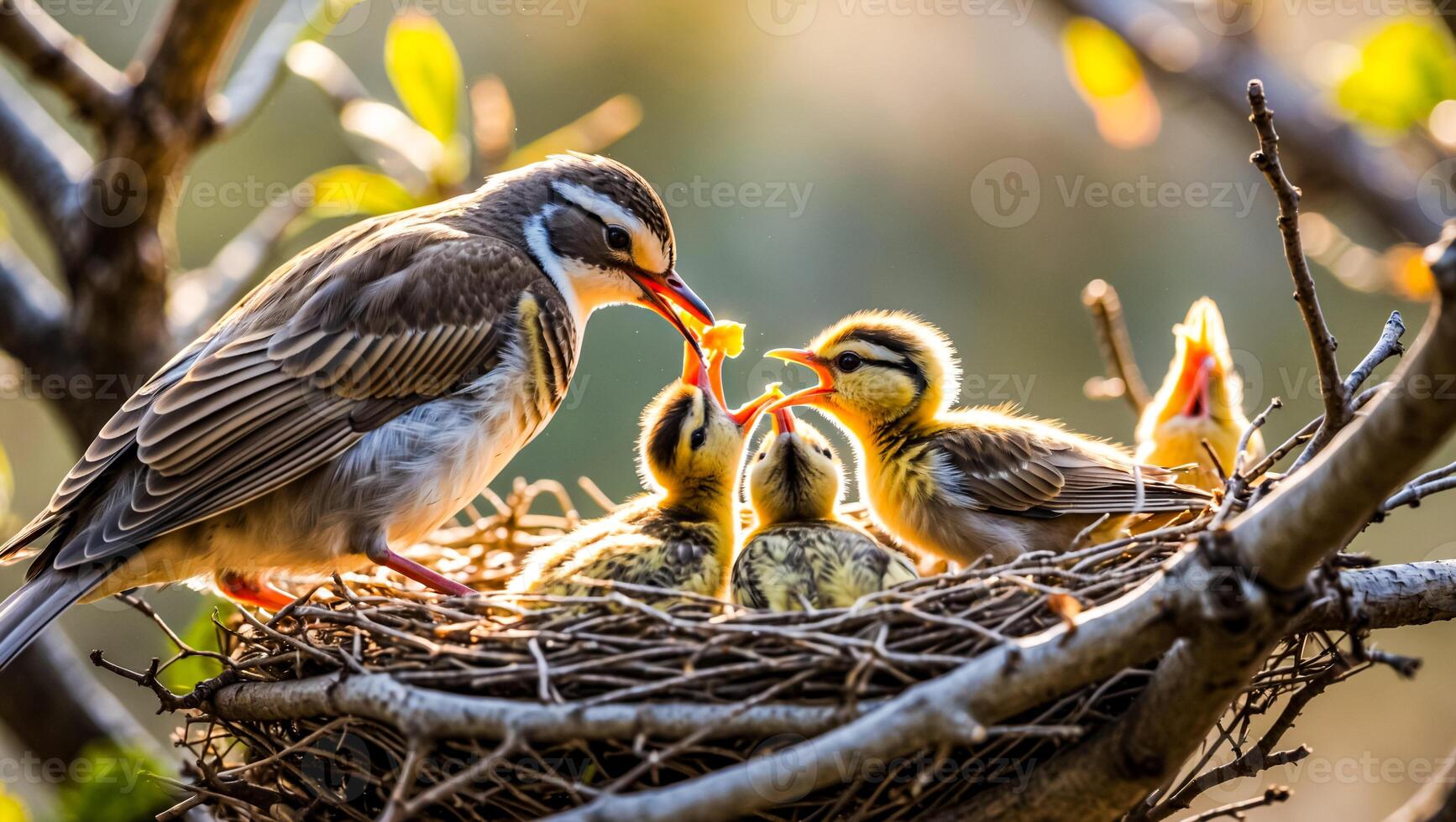 Mother bird feeds her baby bird in nest during golden hour photo