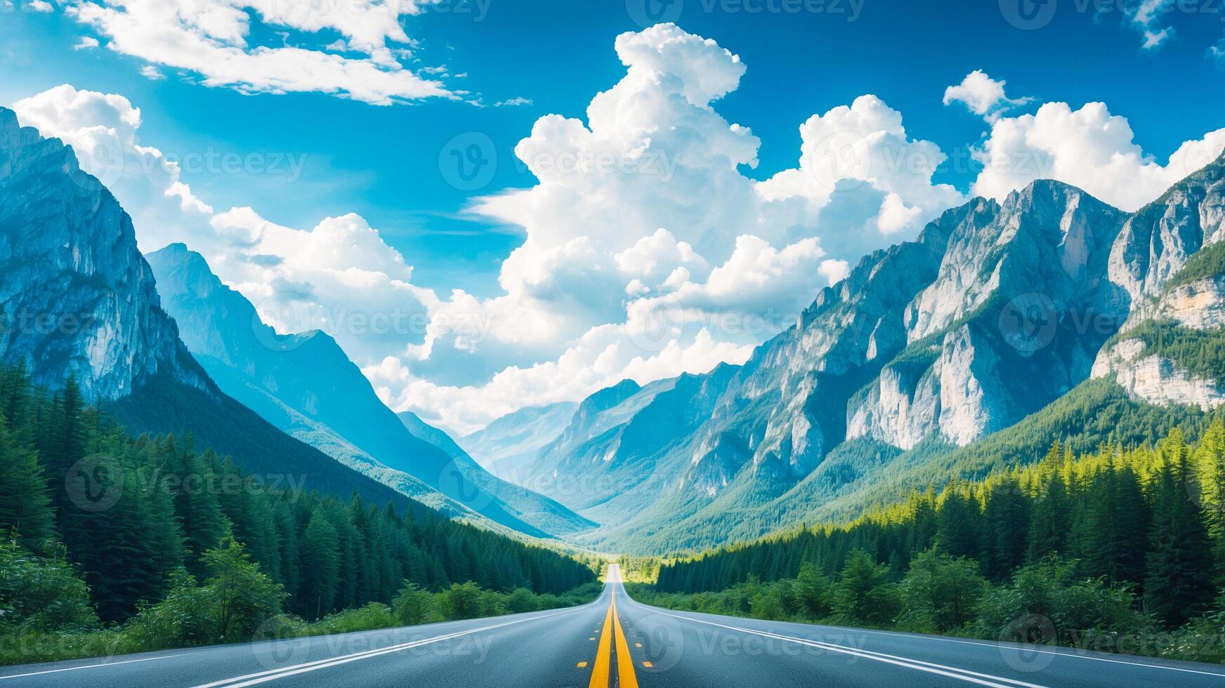 Scenic road leading through majestic mountains and lush forests under a cloudy sky photo