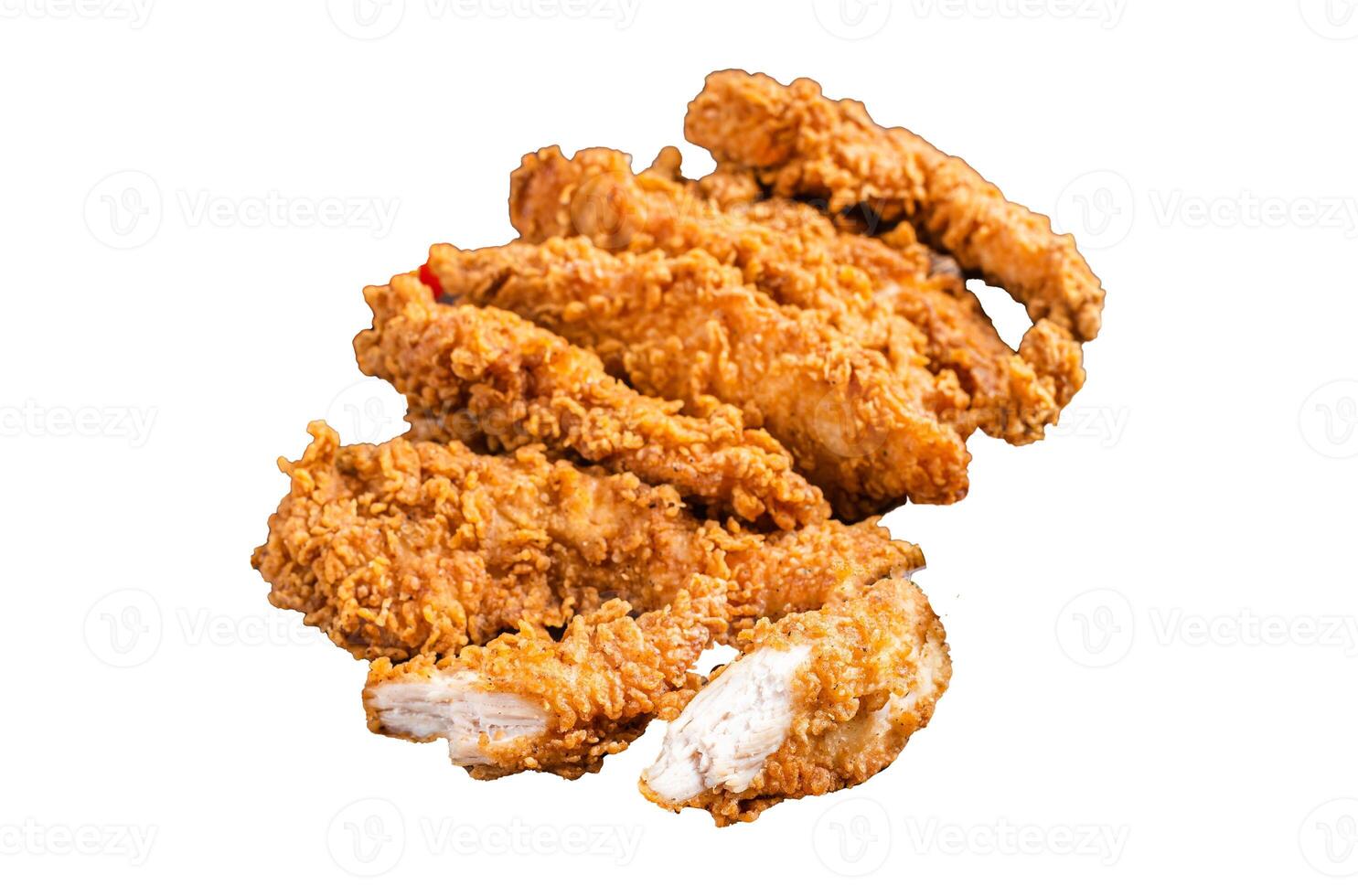 Crispy fried Breaded chicken strips, breast fillet meat with tomato ketchup on a plate. Isolated, white background. photo