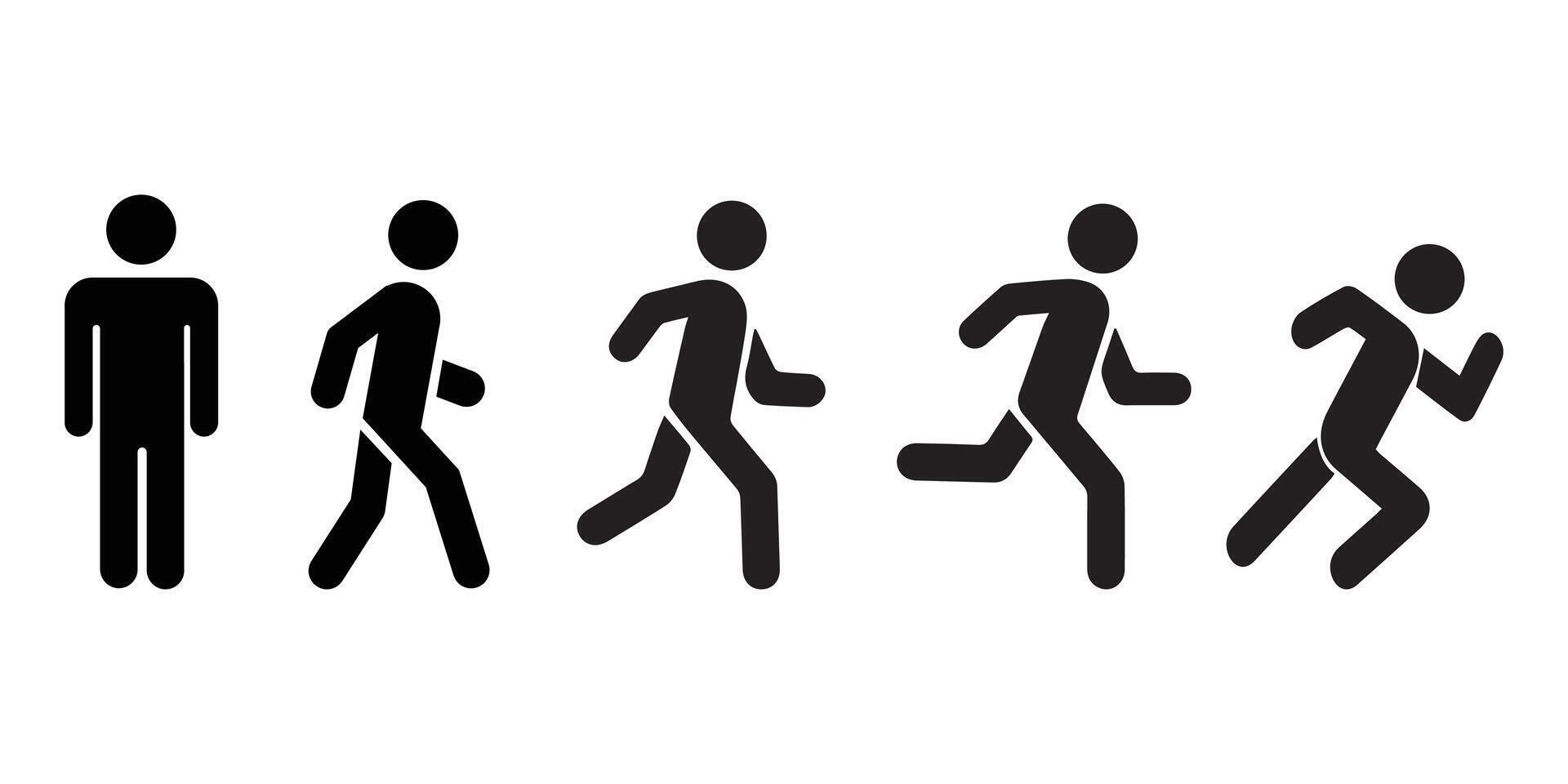 Set of black color pictograms. Person standing upright, walking, running, sprinting. vector