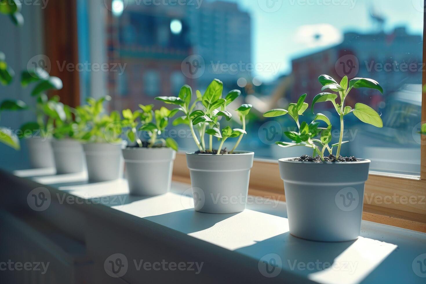 Small green plants in white pots on sunny windowsill, natural light. Indoor garden and kitchen garden concept on windowsill, spring seedlings photo