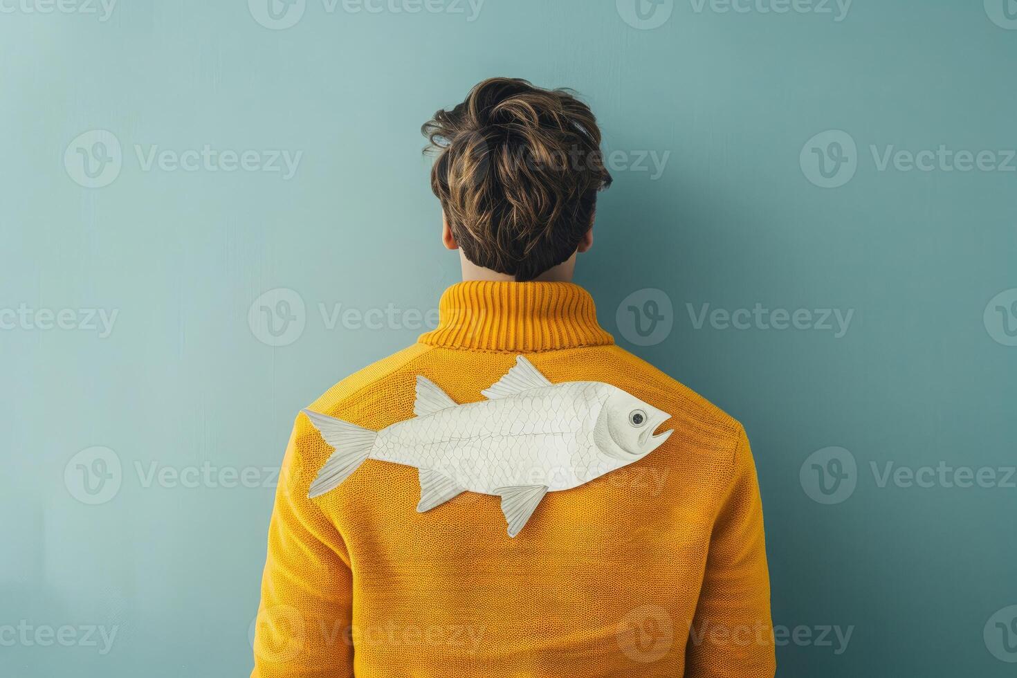 man in a yellow sweater stands with his back to the camera, a paper fish taped to his back. A playful nod to April Fools Day, symbolizing humor, pranks, and lighthearted fun photo
