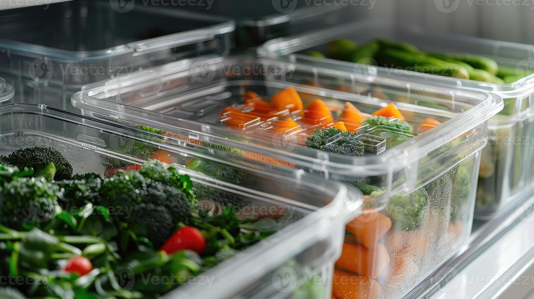 A range of transparent food containers for storing vegetables and fruits.. Fresh frozen broccoli, greens and carrots. Healthy food. Food storage method photo