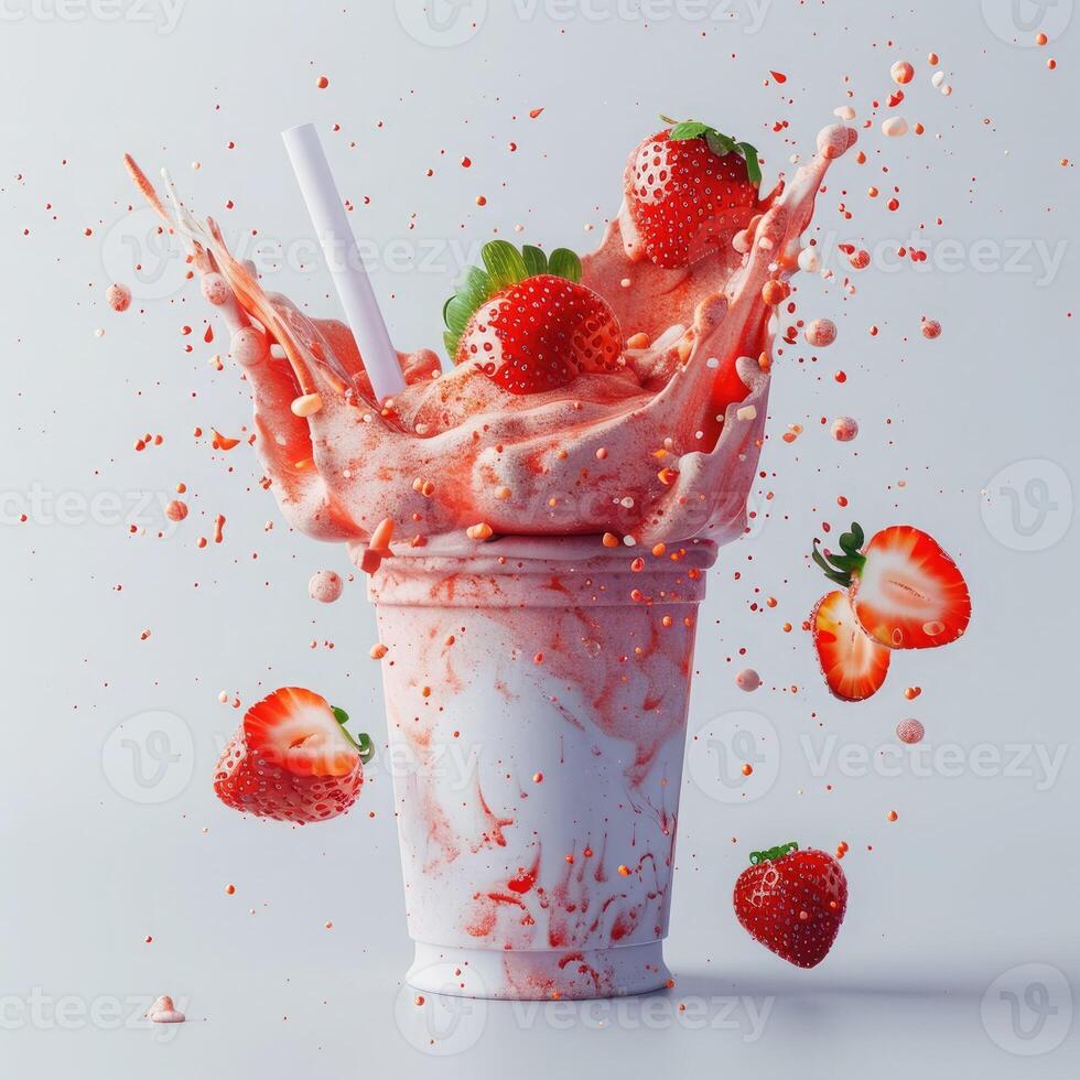 Milk dynamic splashes from a glass of strawberry smoothie with a straw with strawberries on a white background. Healthy drink rich in vitamins photo