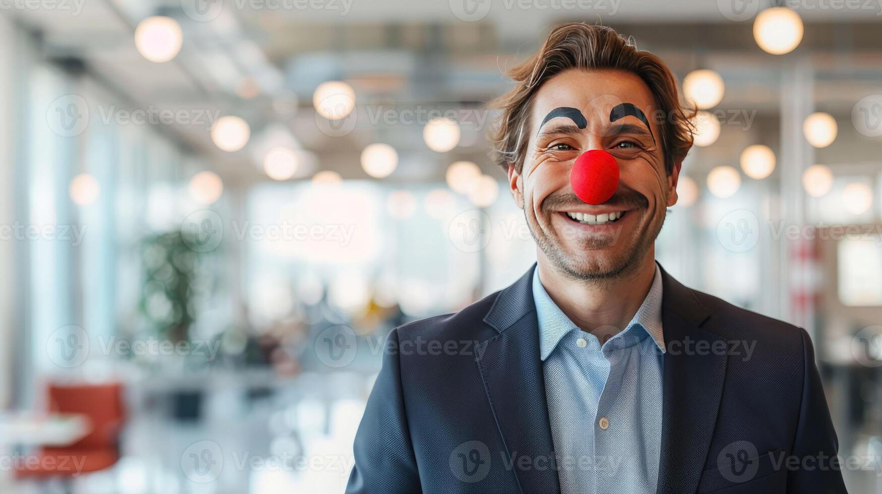 A cheerful businessman with a red clown nose and painted eyebrows celebrates April Fools' Day in the office. A joke, a prank on colleagues at work photo