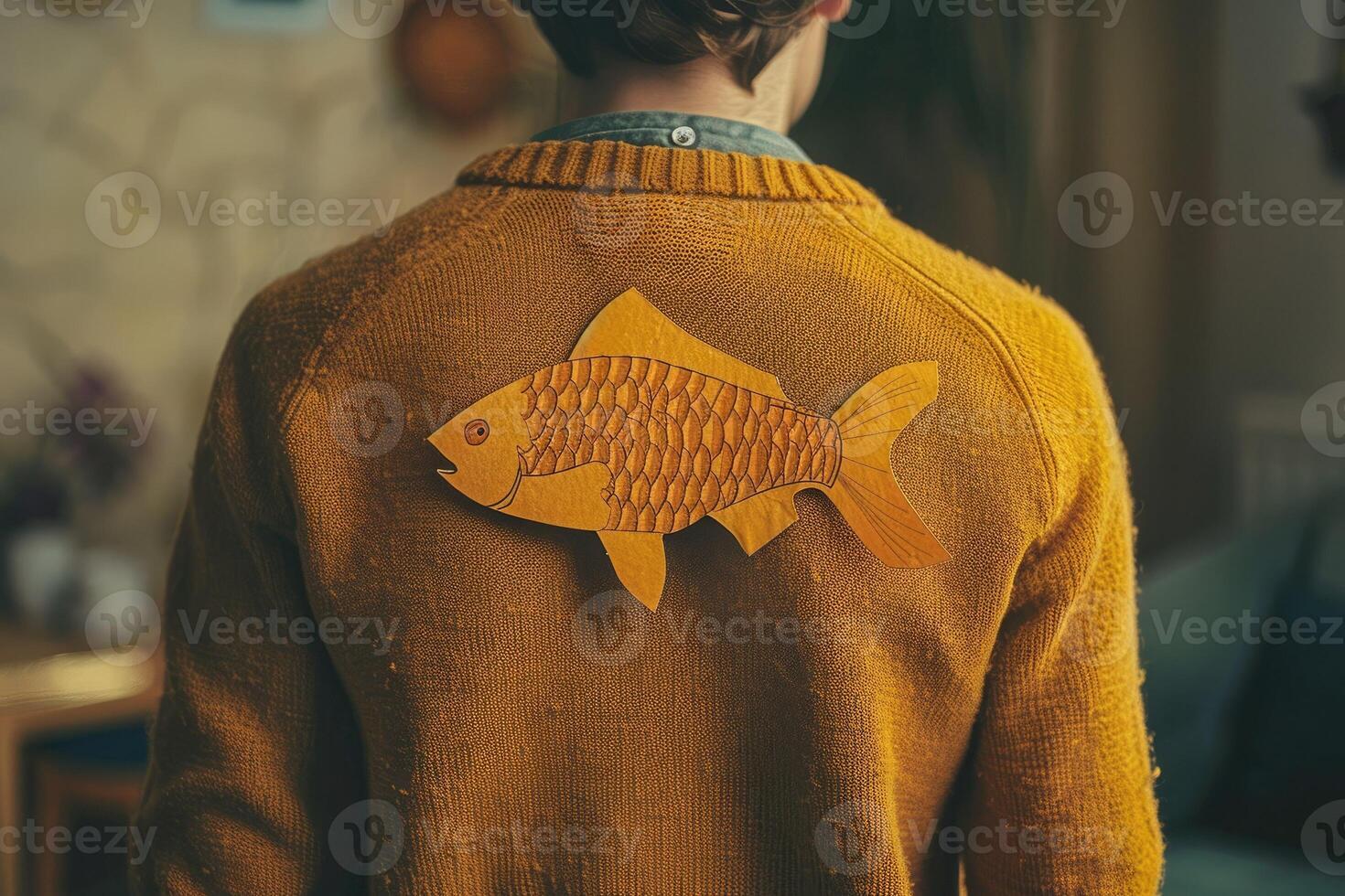 A man in a yellow sweater stands with his back to the camera in a living room, a paper fish glued to his back. April Fools' Day, humor, pranks and lighthearted fun photo