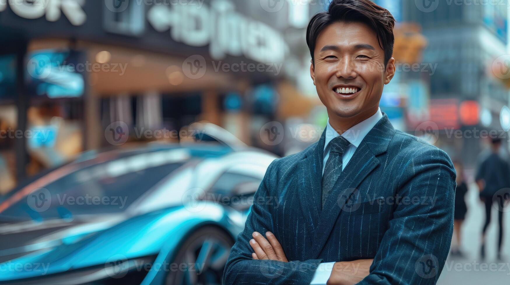 A respectable Asian man businessman in a suit is standing on the street, looking at the camera, smiling against the background of a new modern luxury car. Prestige, style and innovative technology photo